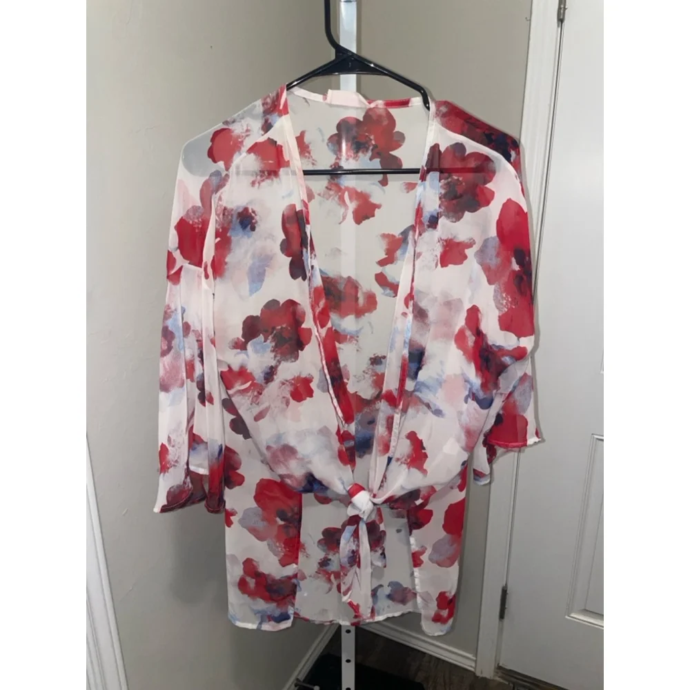 Peach Love Kimono Coverup Top Tie Front Floral Boho Festival Beach Summer OS